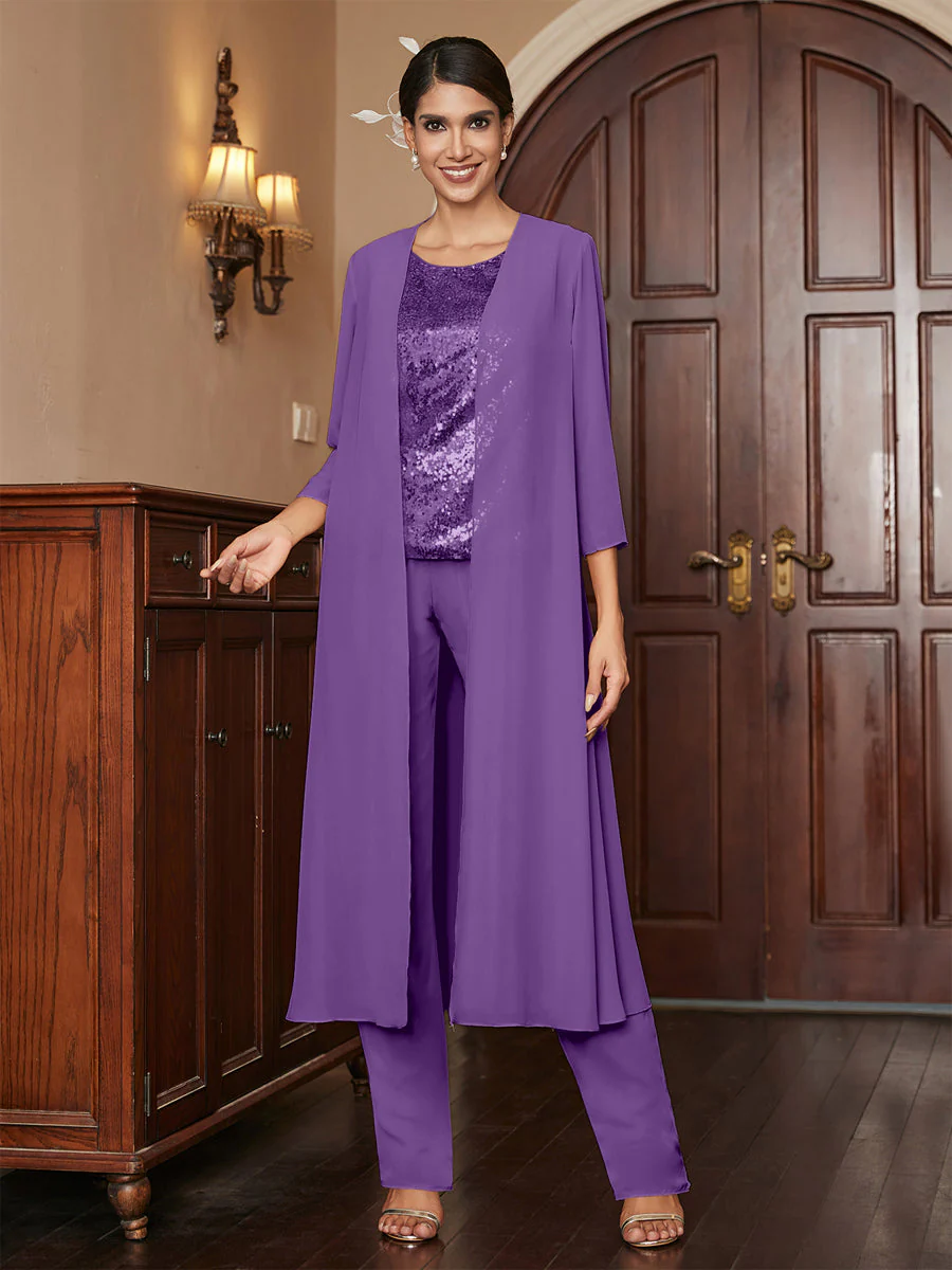 Chiffon Scoop 3/4 Sleeves 3 Pieces Pantsuits with Sequins & Jacket - Image 45
