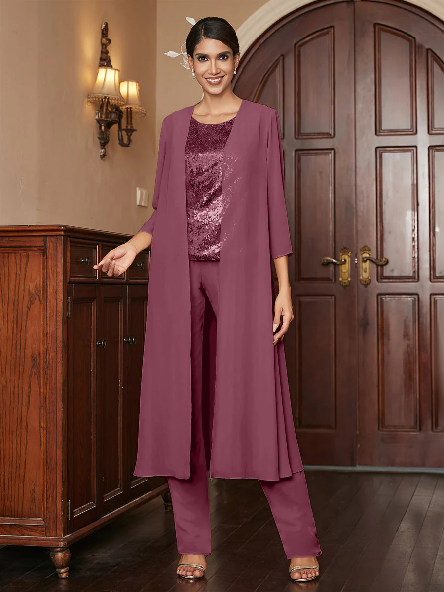 Chiffon Scoop 3/4 Sleeves 3 Pieces Pantsuits with Sequins & Jacket - Image 46