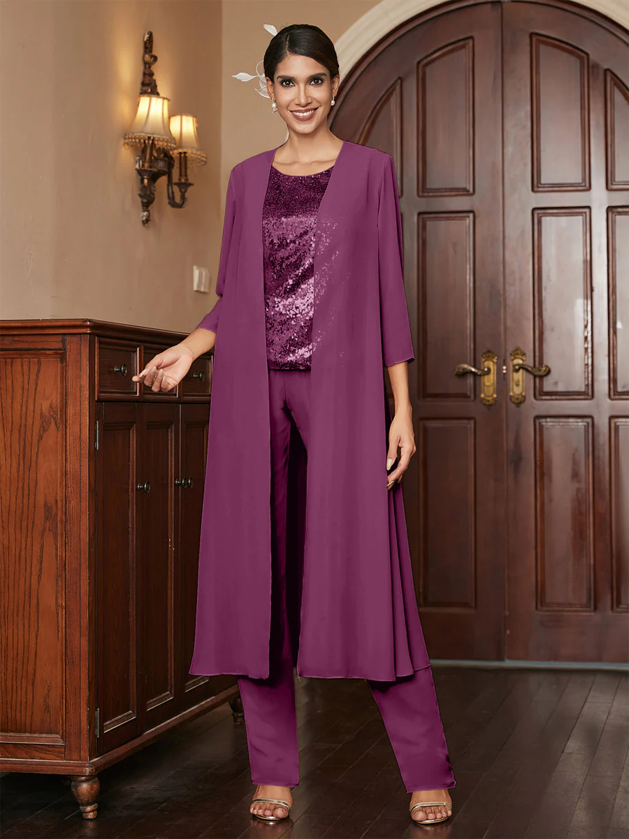 Chiffon Scoop 3/4 Sleeves 3 Pieces Pantsuits with Sequins & Jacket - Image 47