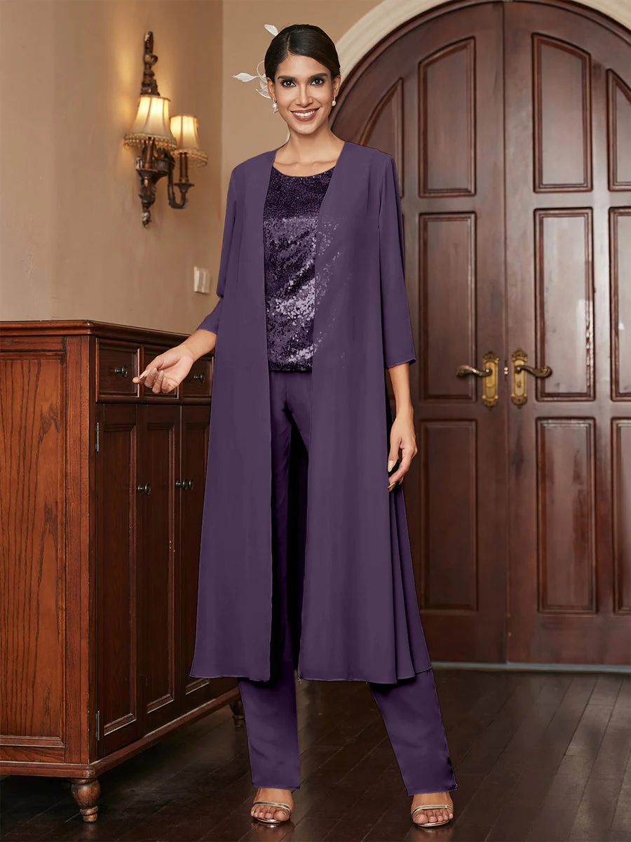 Chiffon Scoop 3/4 Sleeves 3 Pieces Pantsuits with Sequins & Jacket - Image 48
