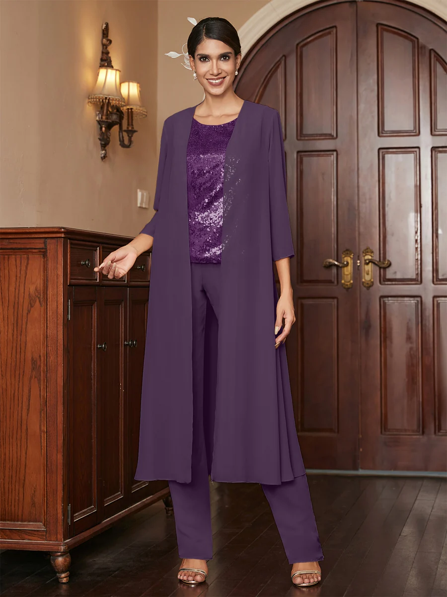 Chiffon Scoop 3/4 Sleeves 3 Pieces Pantsuits with Sequins & Jacket - Image 49