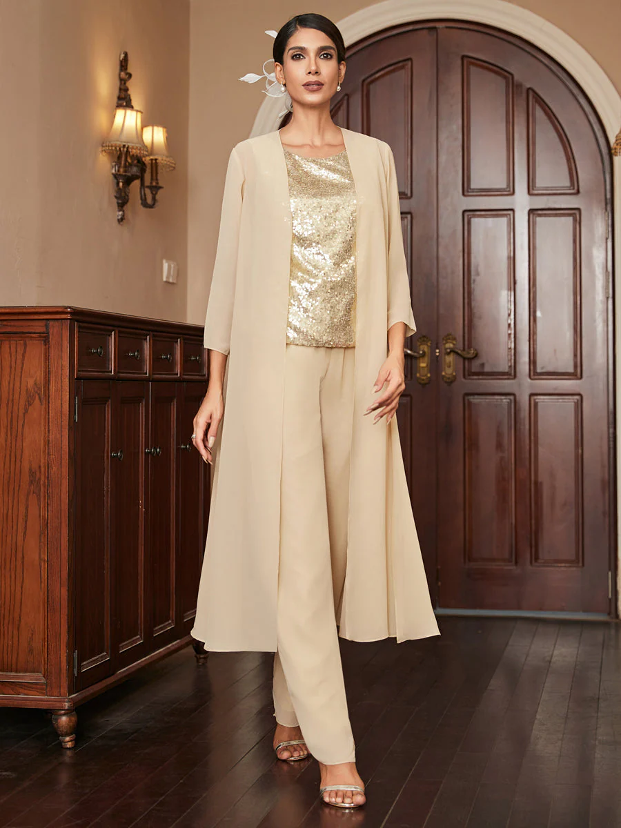 Chiffon Scoop 3/4 Sleeves 3 Pieces Pantsuits with Sequins & Jacket - Image 5