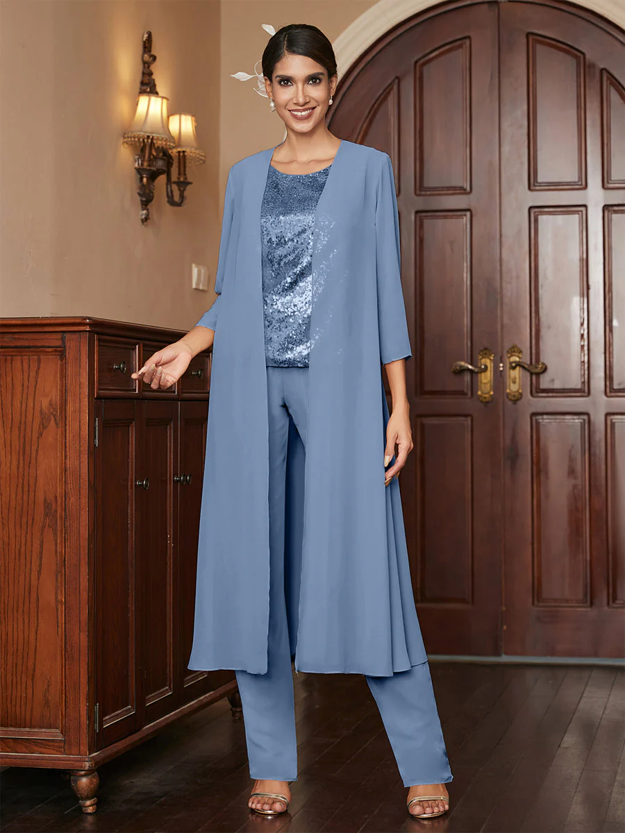 Chiffon Scoop 3/4 Sleeves 3 Pieces Pantsuits with Sequins & Jacket - Image 54