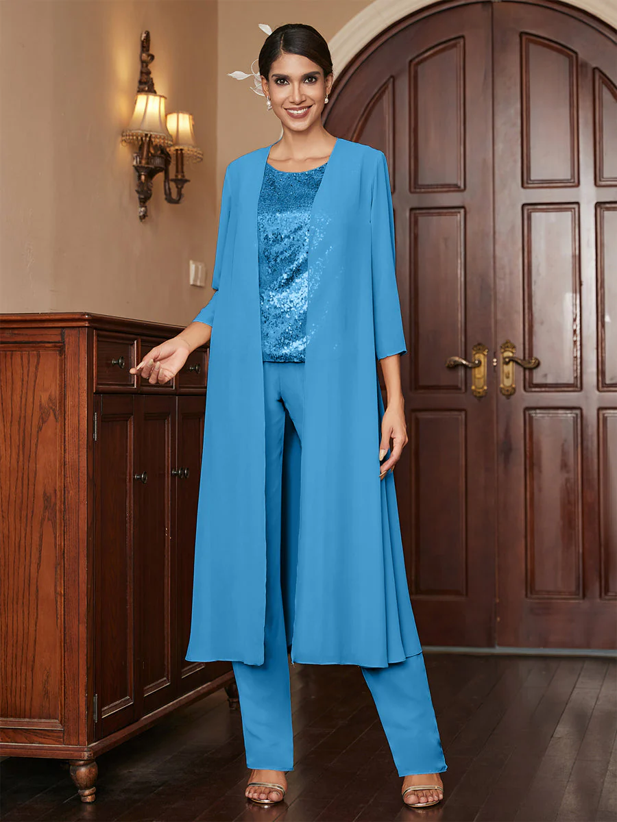 Chiffon Scoop 3/4 Sleeves 3 Pieces Pantsuits with Sequins & Jacket - Image 56