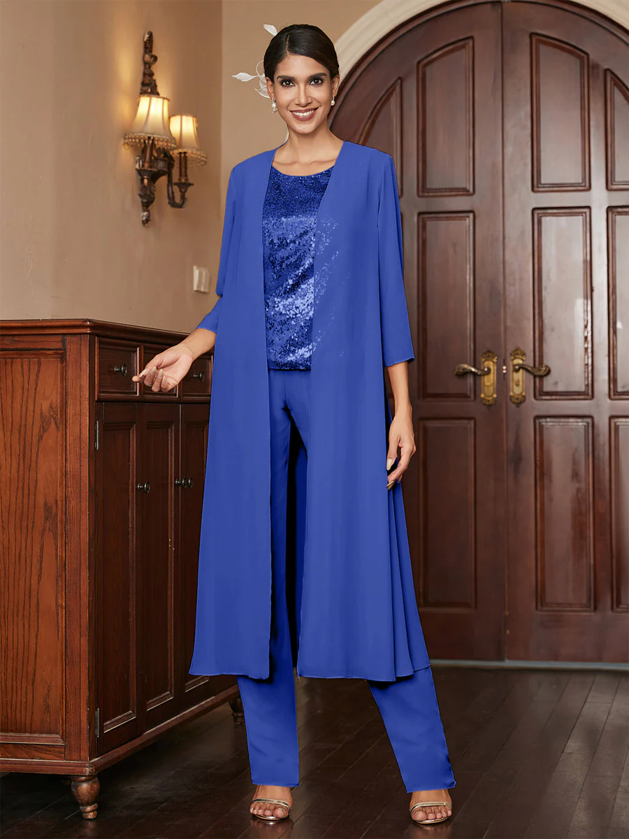 Chiffon Scoop 3/4 Sleeves 3 Pieces Pantsuits with Sequins & Jacket - Image 57