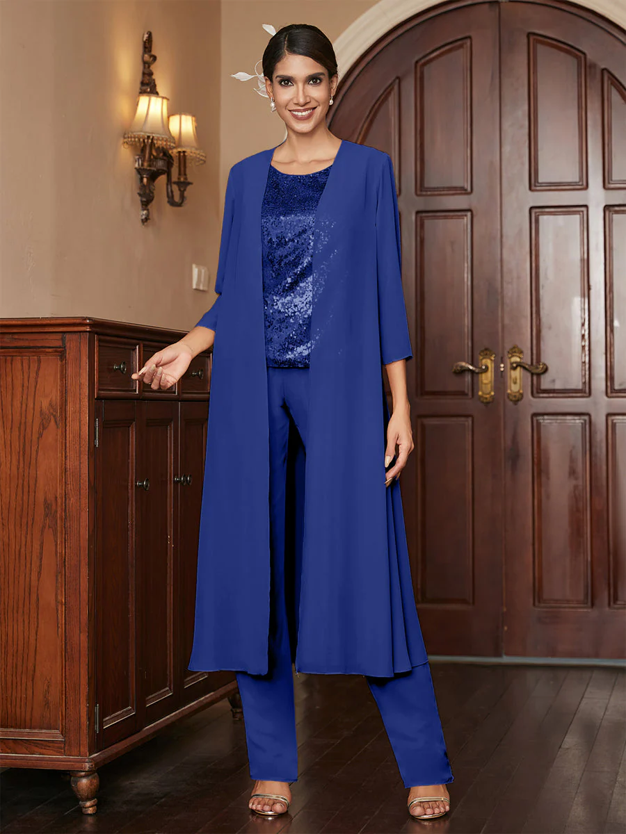 Chiffon Scoop 3/4 Sleeves 3 Pieces Pantsuits with Sequins & Jacket - Image 59