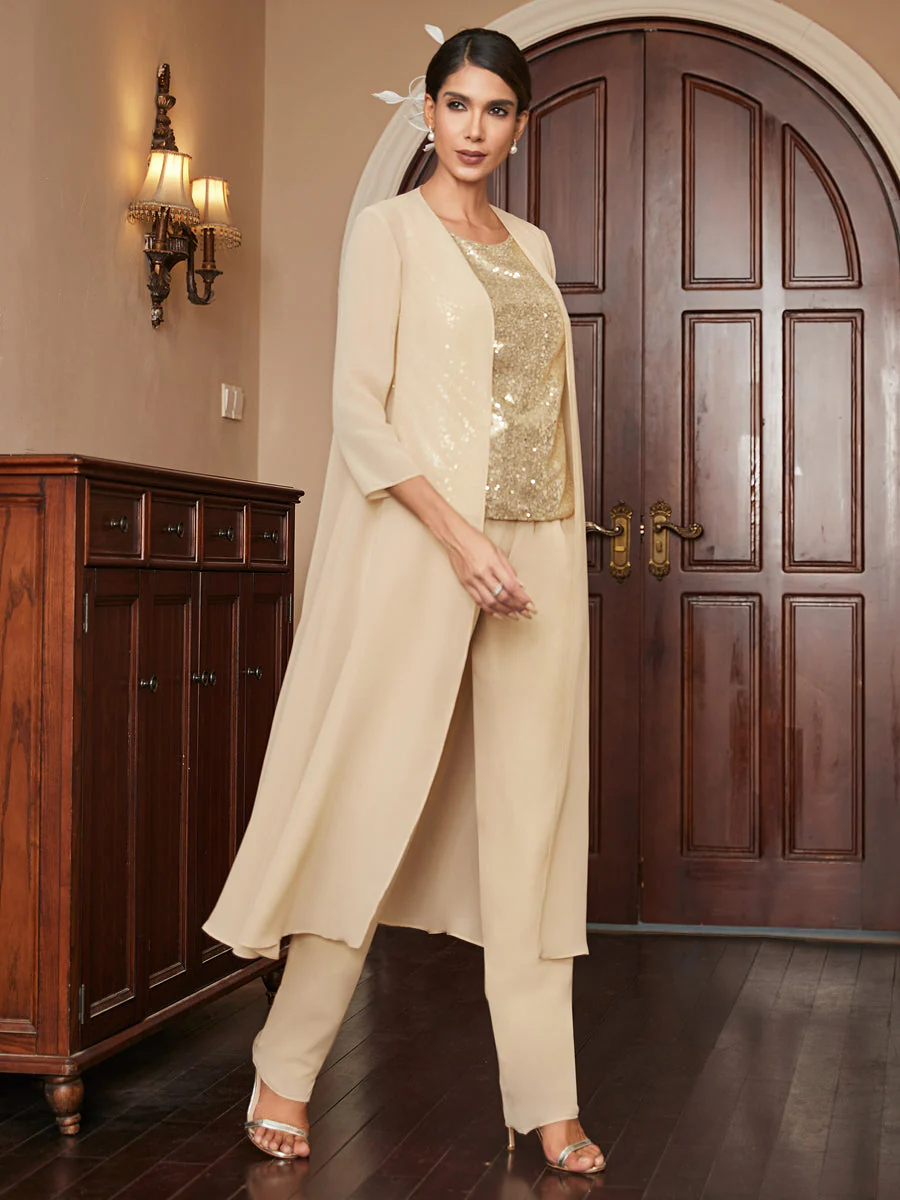 Chiffon Scoop 3/4 Sleeves 3 Pieces Pantsuits with Sequins & Jacket - Image 6
