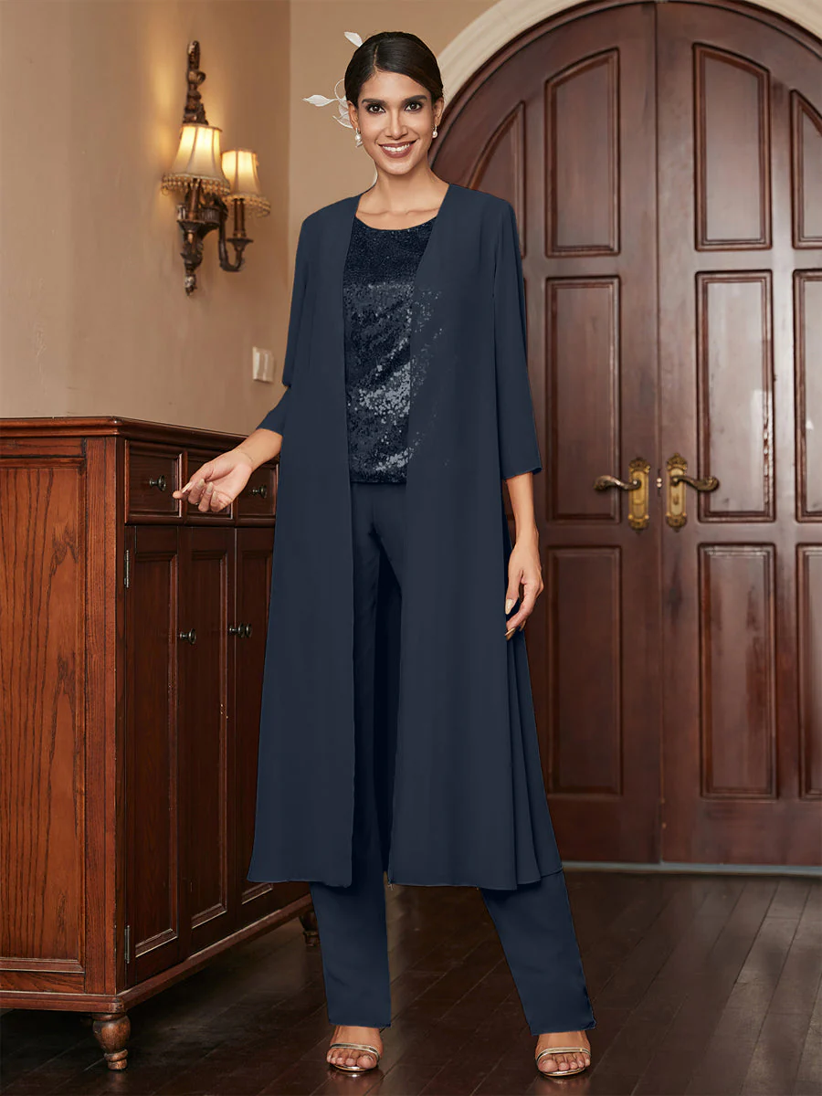 Chiffon Scoop 3/4 Sleeves 3 Pieces Pantsuits with Sequins & Jacket - Image 62