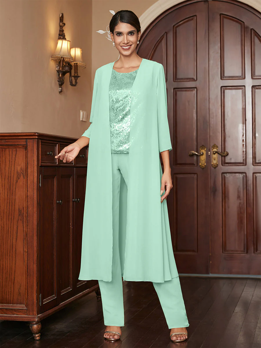 Chiffon Scoop 3/4 Sleeves 3 Pieces Pantsuits with Sequins & Jacket - Image 64