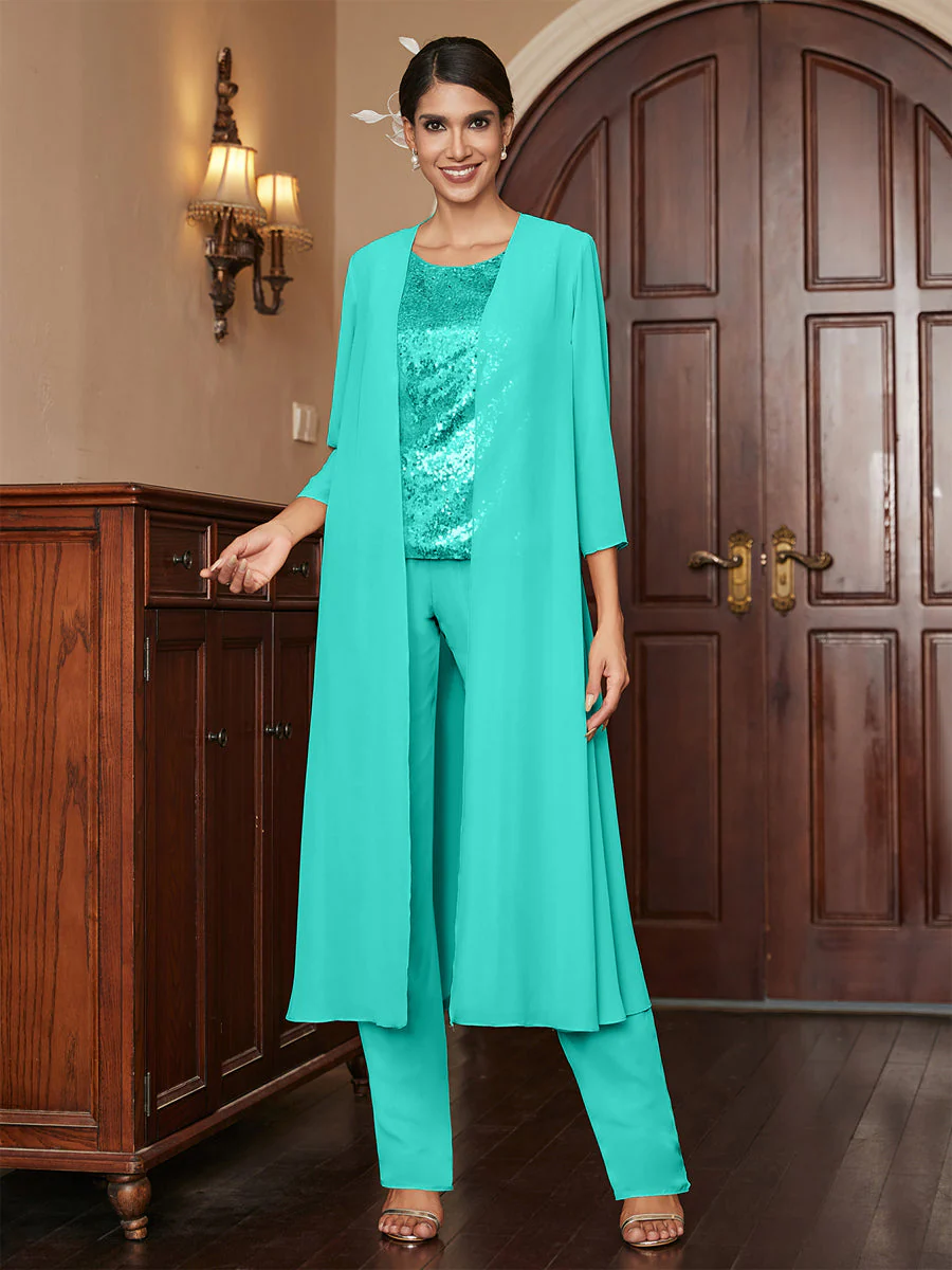 Chiffon Scoop 3/4 Sleeves 3 Pieces Pantsuits with Sequins & Jacket - Image 66