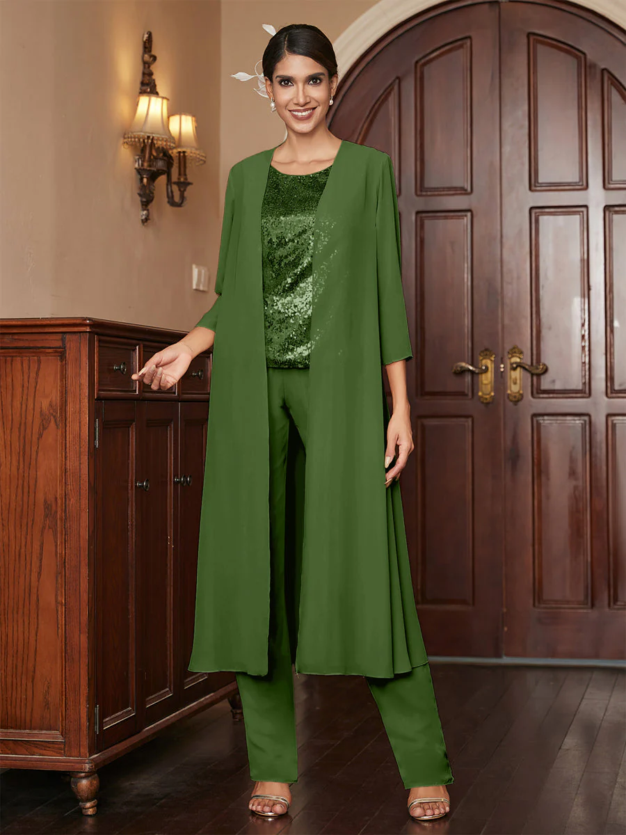 Chiffon Scoop 3/4 Sleeves 3 Pieces Pantsuits with Sequins & Jacket - Image 68