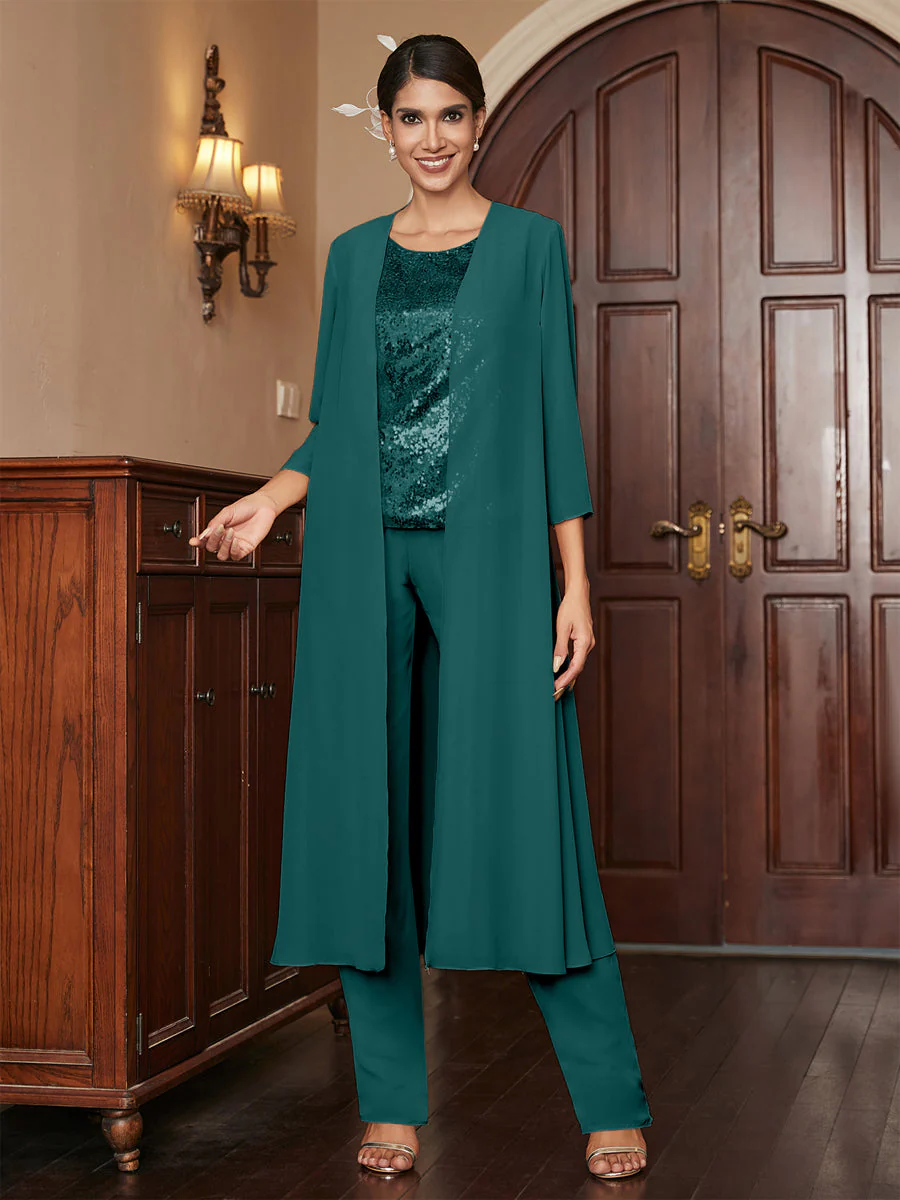 Chiffon Scoop 3/4 Sleeves 3 Pieces Pantsuits with Sequins & Jacket - Image 69
