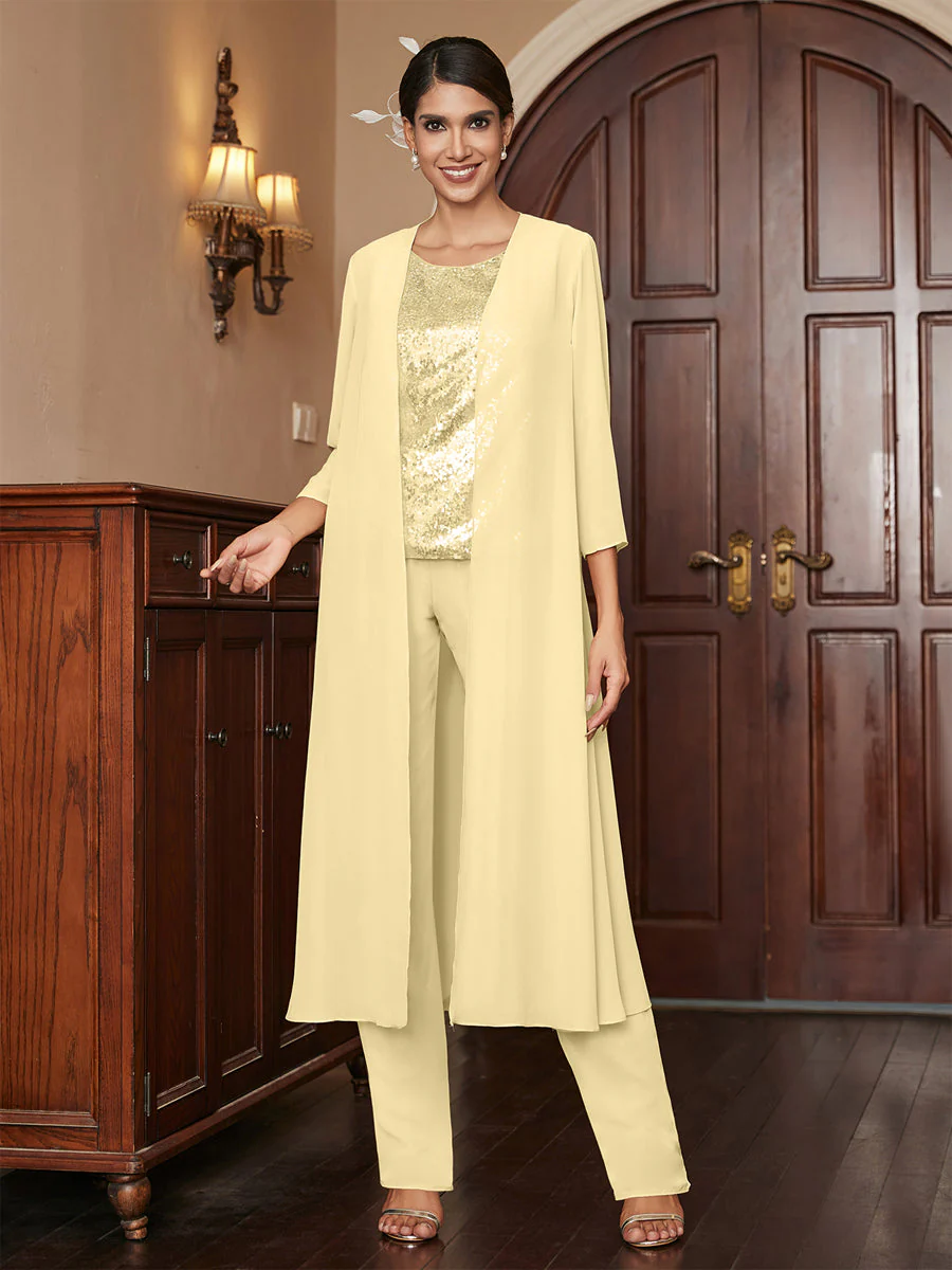 Chiffon Scoop 3/4 Sleeves 3 Pieces Pantsuits with Sequins & Jacket - Image 71