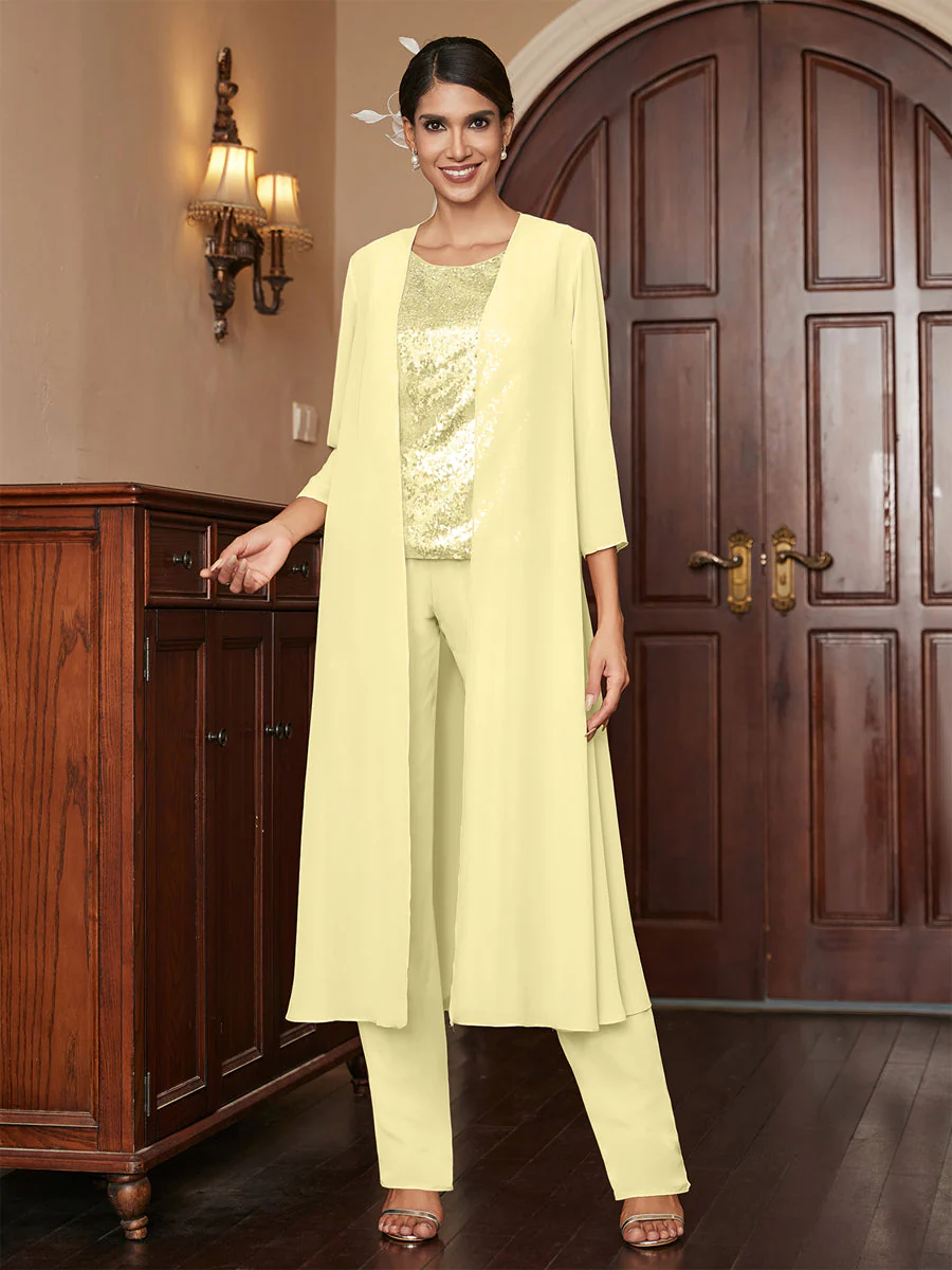 Chiffon Scoop 3/4 Sleeves 3 Pieces Pantsuits with Sequins & Jacket - Image 72