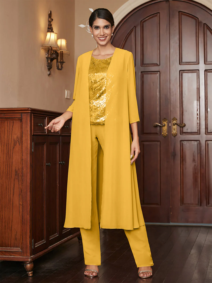 Chiffon Scoop 3/4 Sleeves 3 Pieces Pantsuits with Sequins & Jacket - Image 73