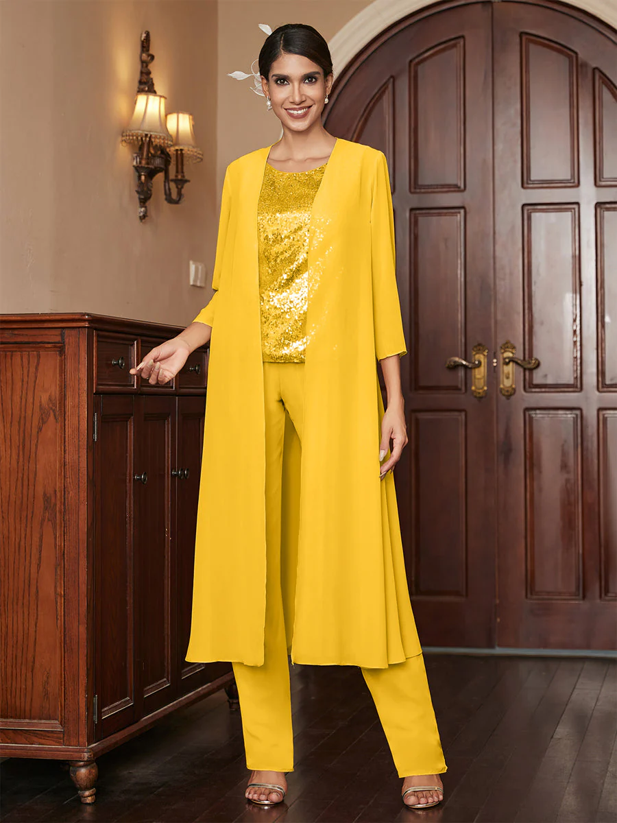 Chiffon Scoop 3/4 Sleeves 3 Pieces Pantsuits with Sequins & Jacket - Image 74