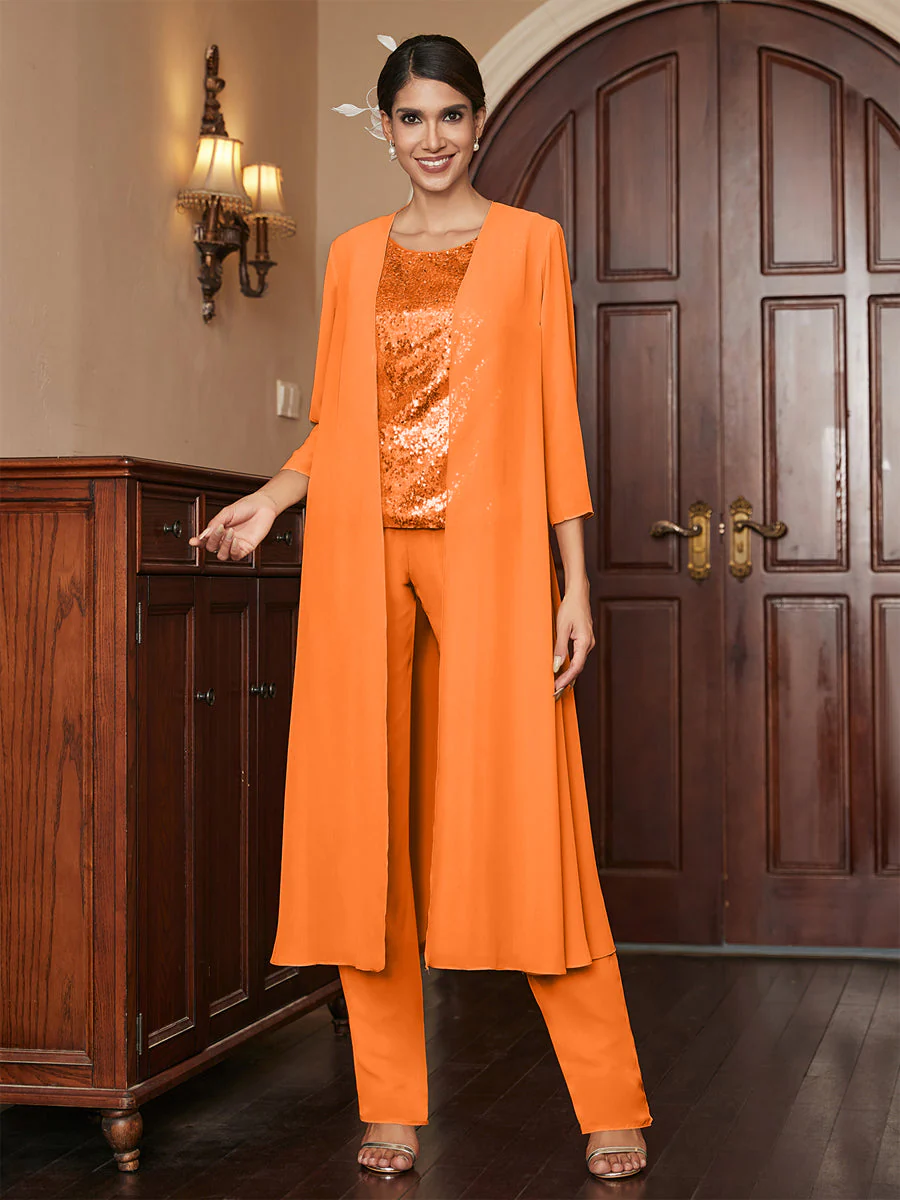 Chiffon Scoop 3/4 Sleeves 3 Pieces Pantsuits with Sequins & Jacket - Image 75