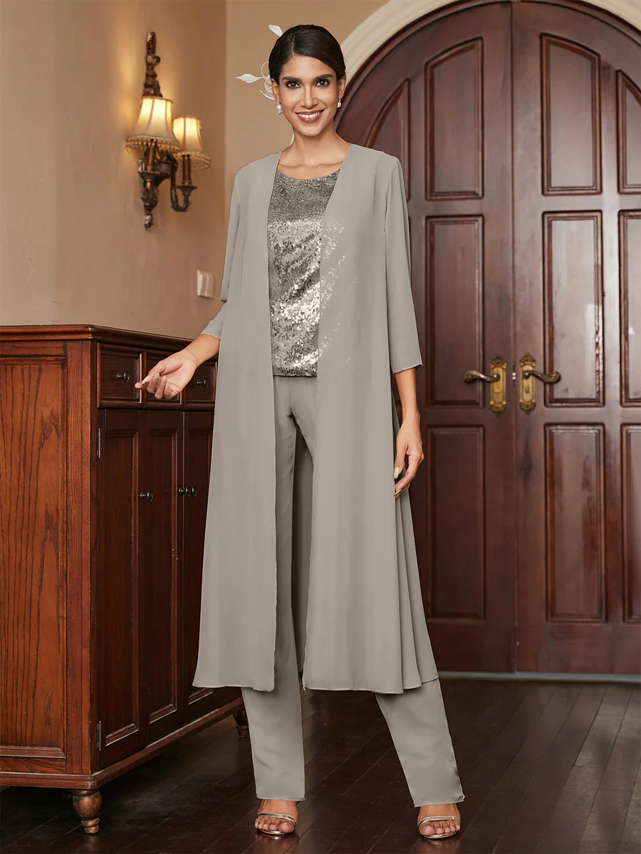 Chiffon Scoop 3/4 Sleeves 3 Pieces Pantsuits with Sequins & Jacket - Image 76