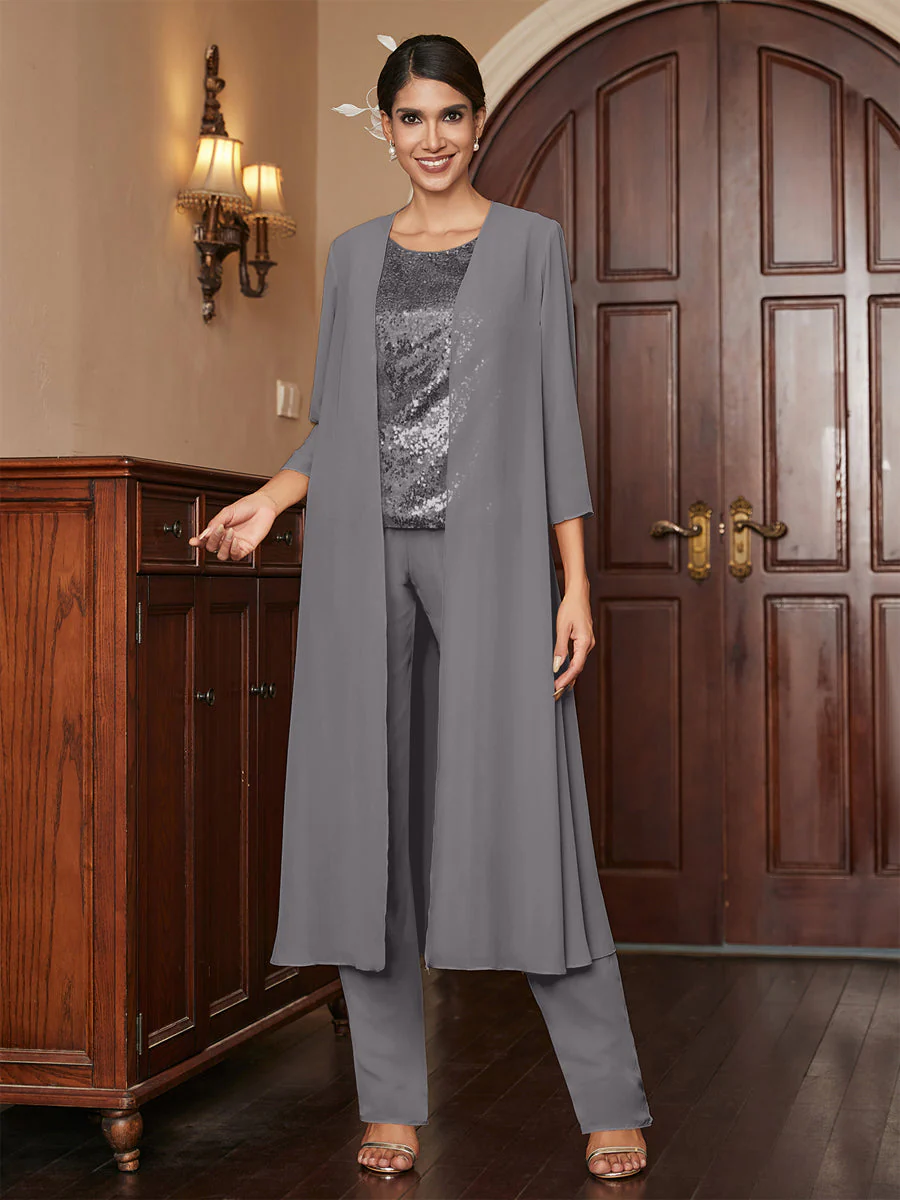 Chiffon Scoop 3/4 Sleeves 3 Pieces Pantsuits with Sequins & Jacket - Image 77