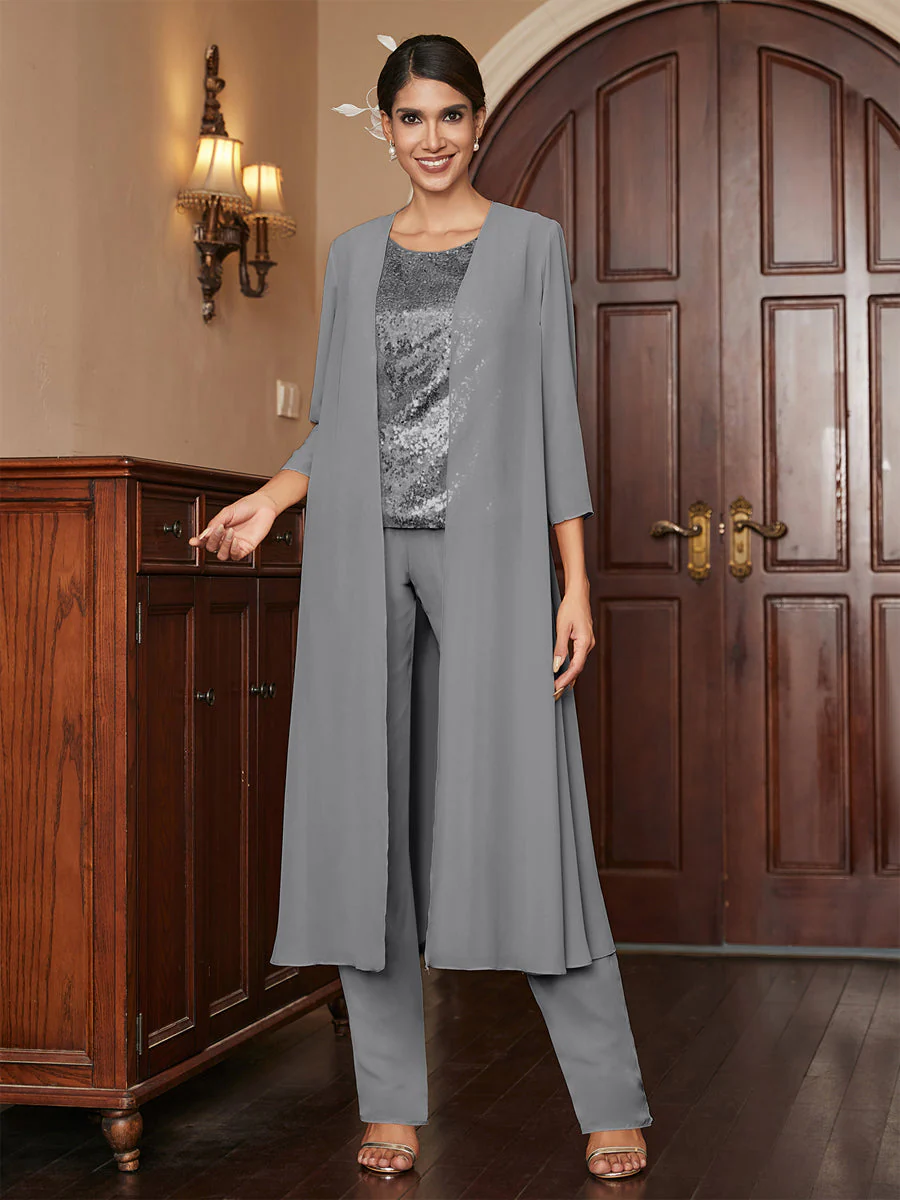 Chiffon Scoop 3/4 Sleeves 3 Pieces Pantsuits with Sequins & Jacket - Image 78