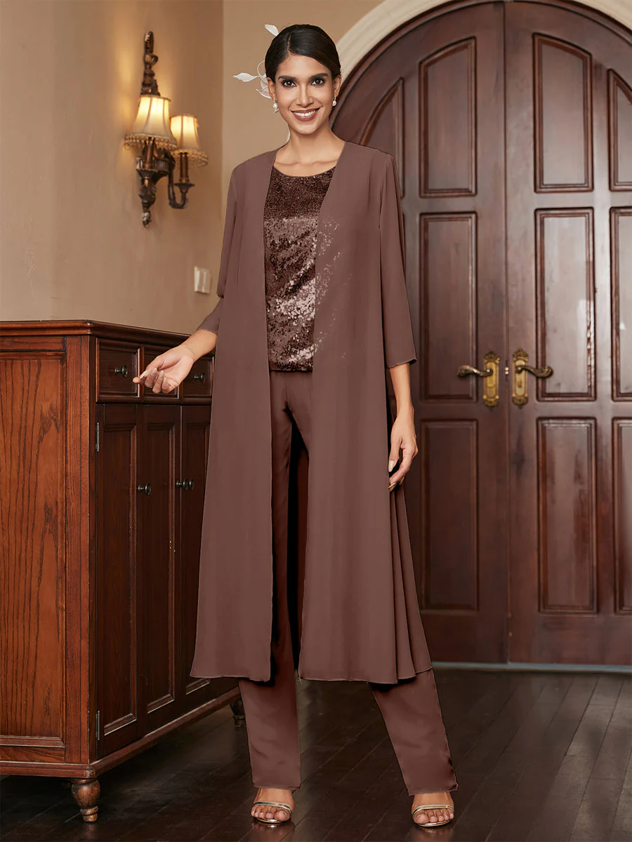 Chiffon Scoop 3/4 Sleeves 3 Pieces Pantsuits with Sequins & Jacket - Image 79