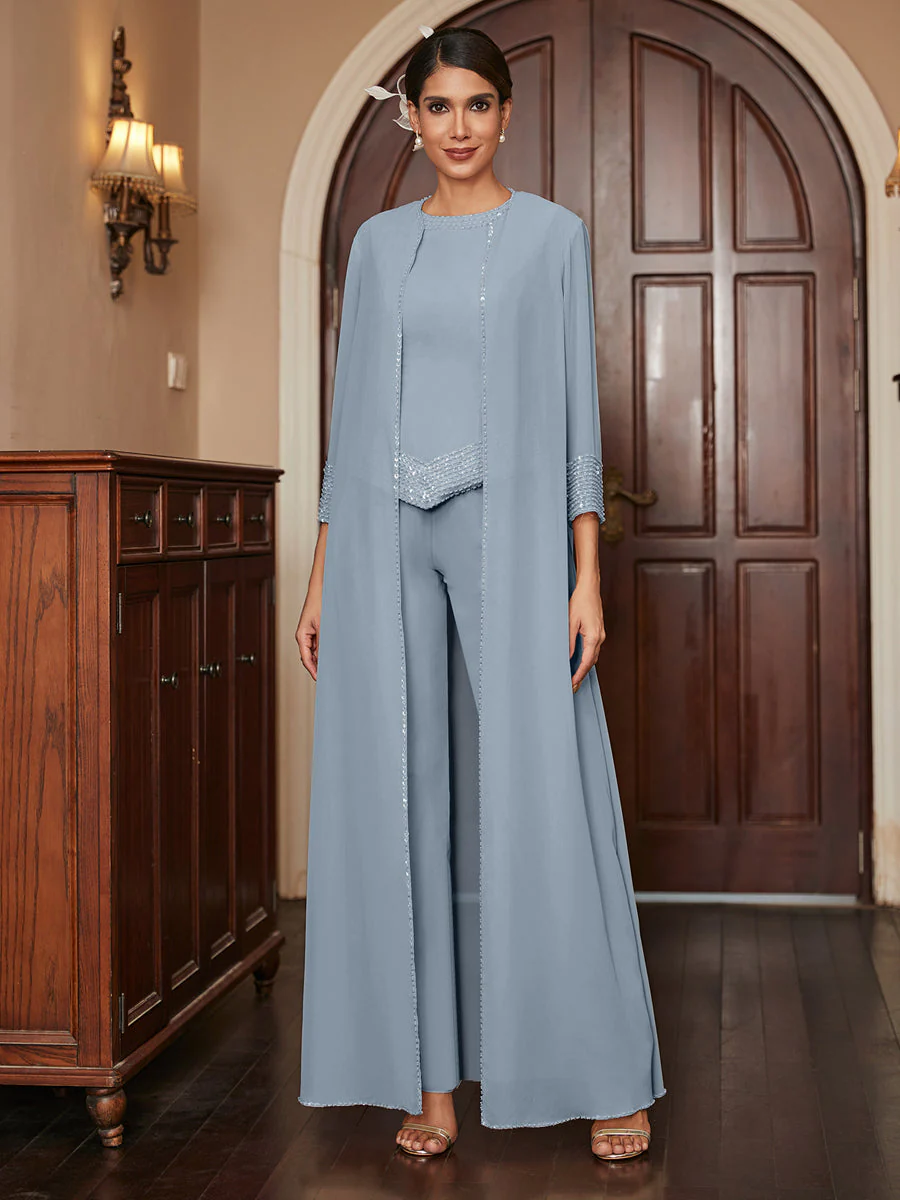 Chiffon Scoop 3/4 Sleeves 3 Pieces Pantsuits with Sequins & Jacket - Image 10