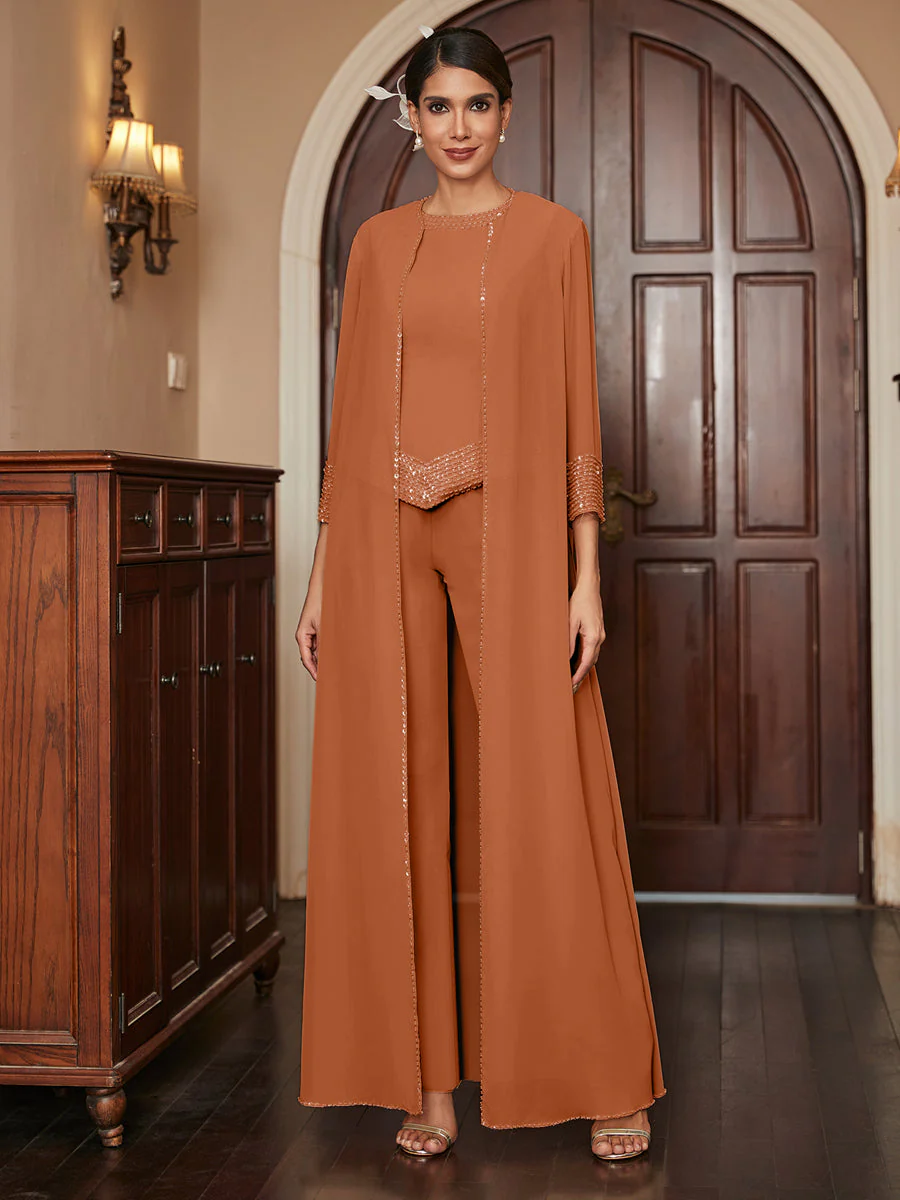 Chiffon Scoop 3/4 Sleeves 3 Pieces Pantsuits with Sequins & Jacket - Image 11