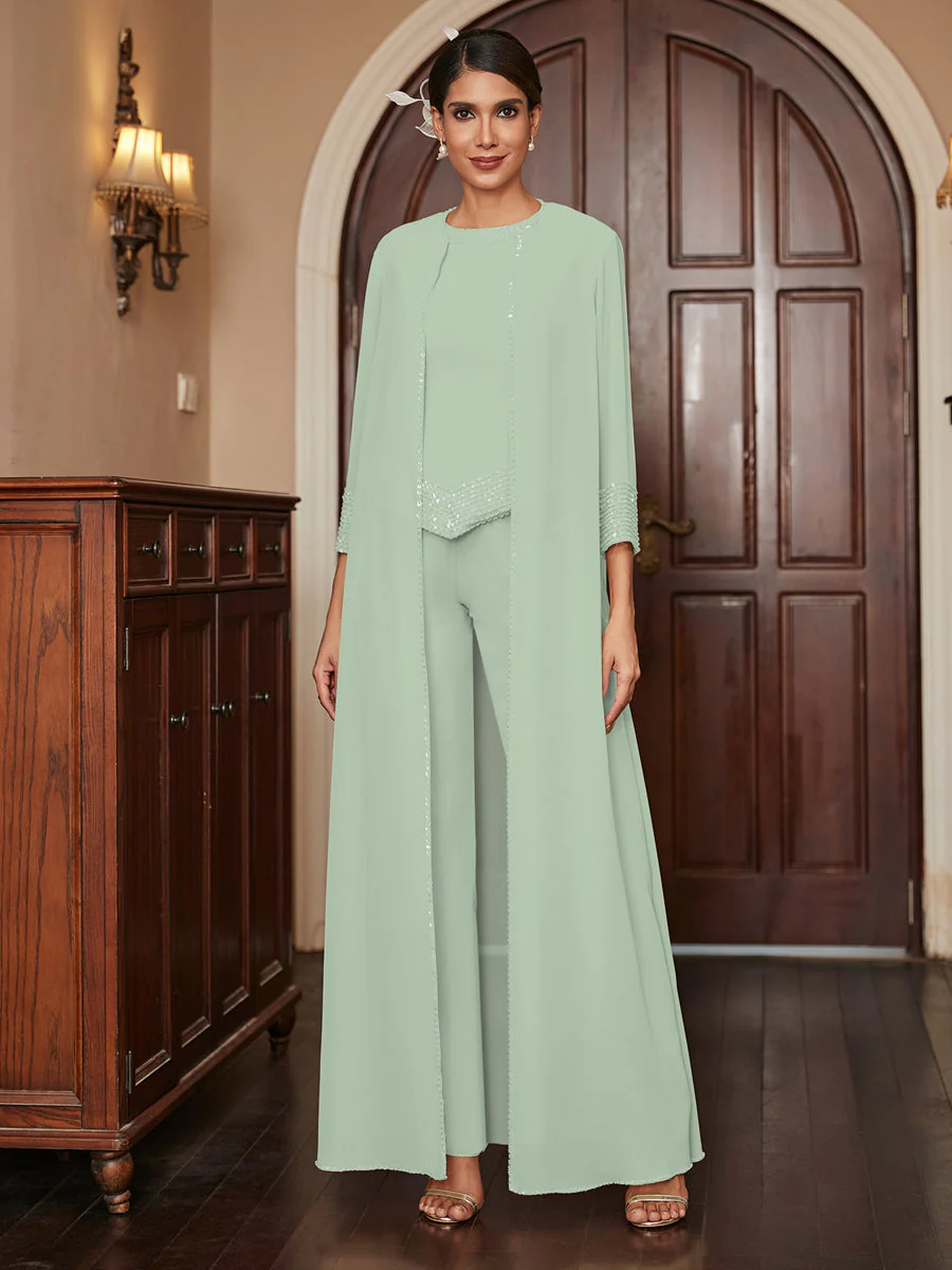 Chiffon Scoop 3/4 Sleeves 3 Pieces Pantsuits with Sequins & Jacket - Image 12