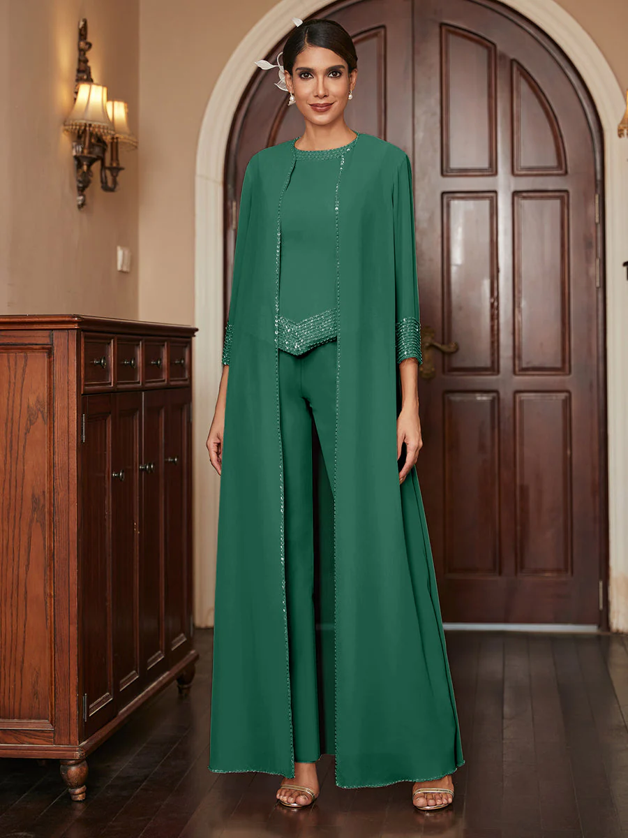 Chiffon Scoop 3/4 Sleeves 3 Pieces Pantsuits with Sequins & Jacket - Image 13