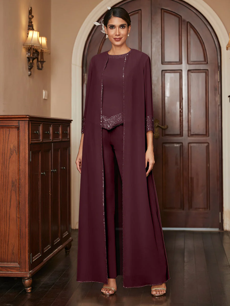 Chiffon Scoop 3/4 Sleeves 3 Pieces Pantsuits with Sequins & Jacket - Image 14
