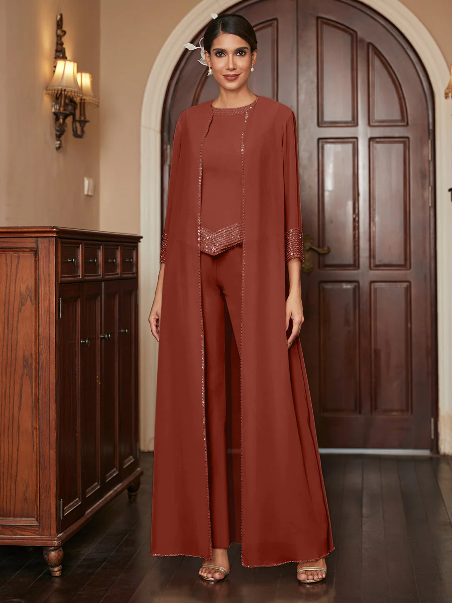 Chiffon Scoop 3/4 Sleeves 3 Pieces Pantsuits with Sequins & Jacket - Image 15