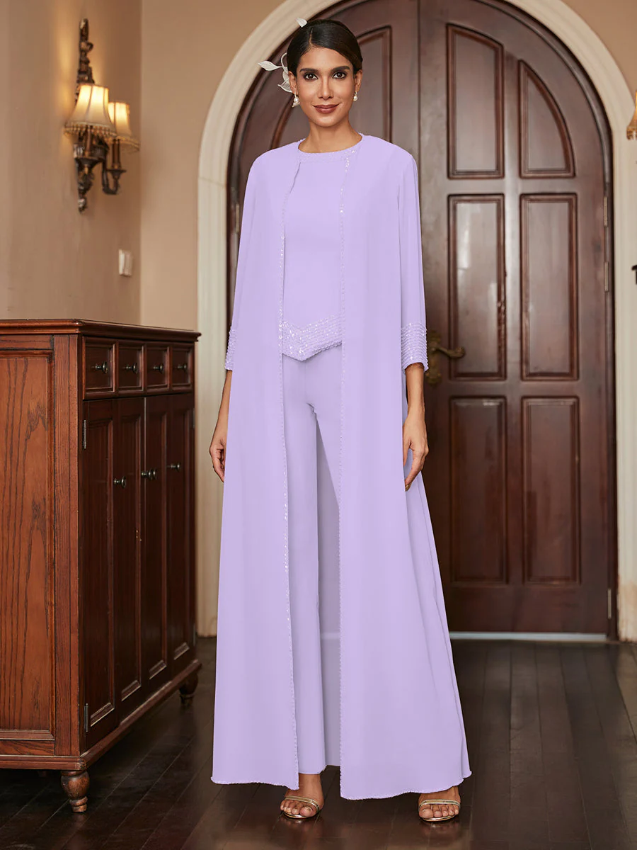 Chiffon Scoop 3/4 Sleeves 3 Pieces Pantsuits with Sequins & Jacket - Image 16