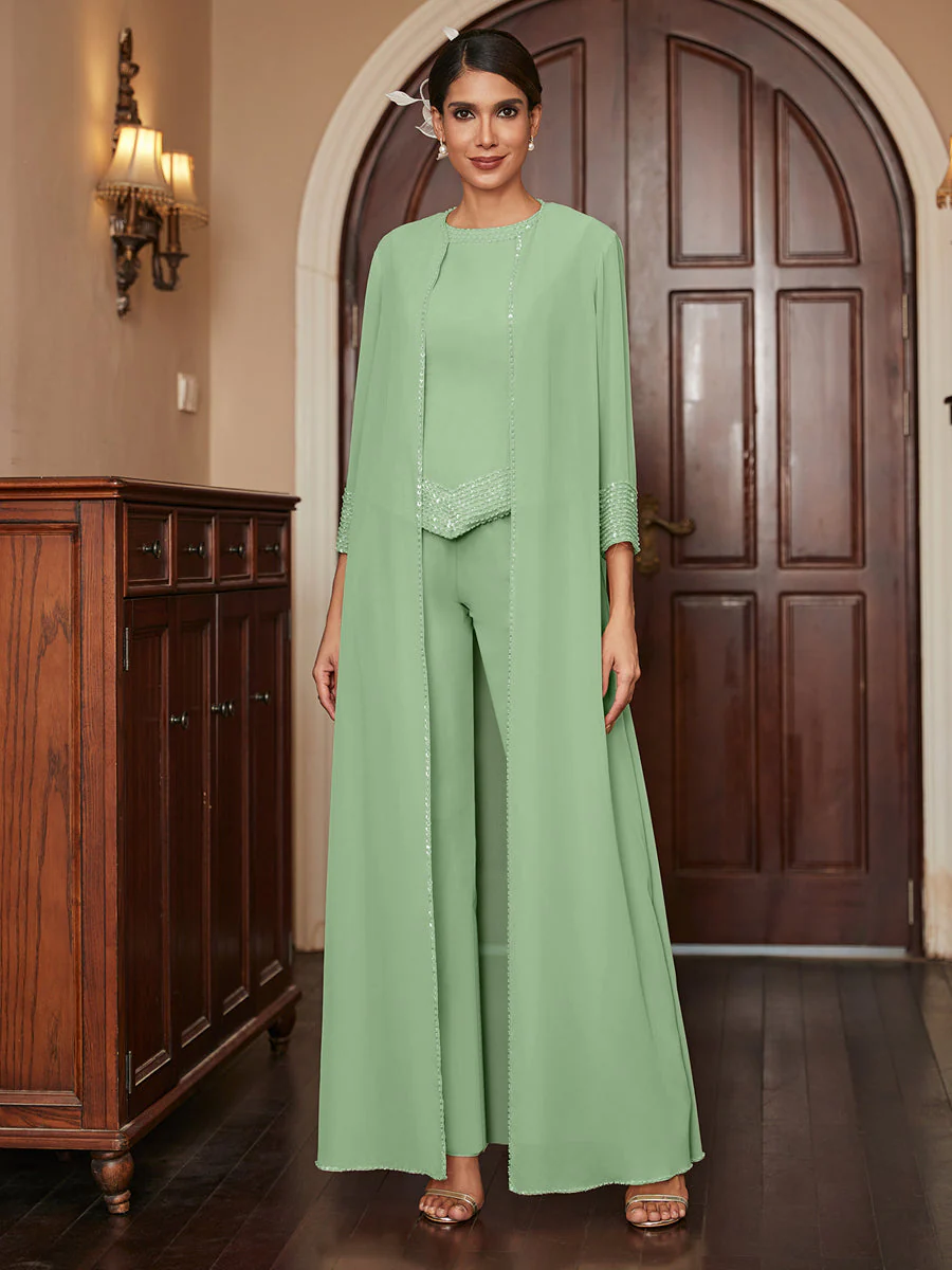 Chiffon Scoop 3/4 Sleeves 3 Pieces Pantsuits with Sequins & Jacket - Image 18