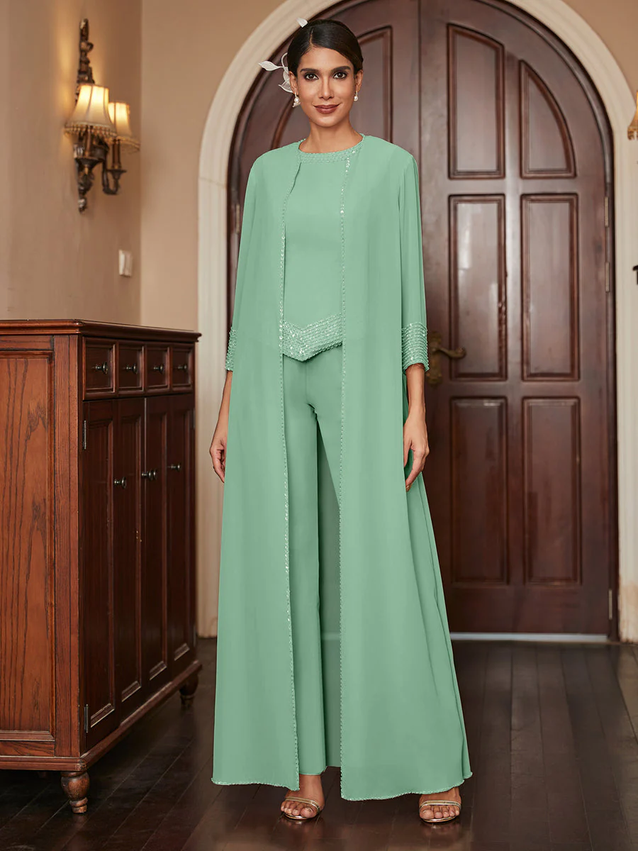Chiffon Scoop 3/4 Sleeves 3 Pieces Pantsuits with Sequins & Jacket - Image 19
