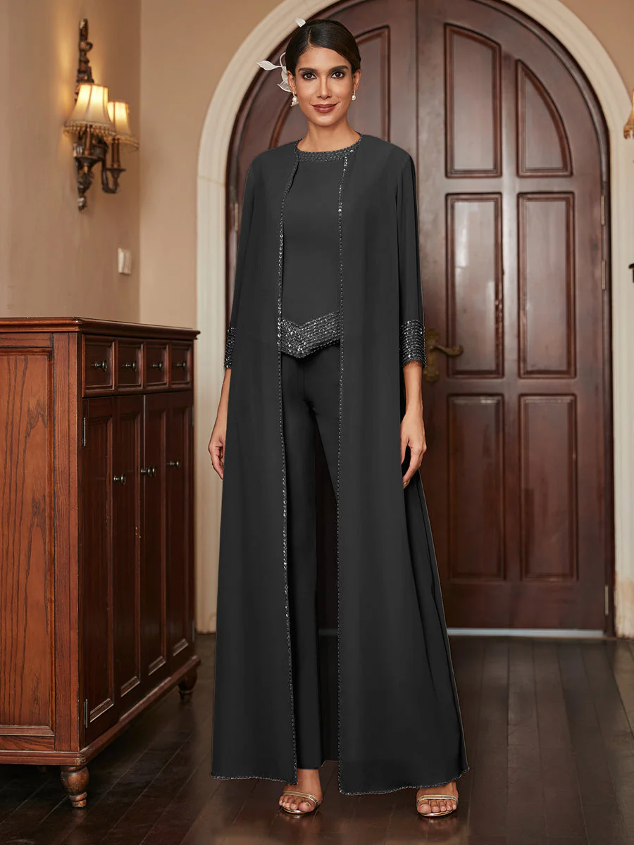 Chiffon Scoop 3/4 Sleeves 3 Pieces Pantsuits with Sequins & Jacket - Image 20