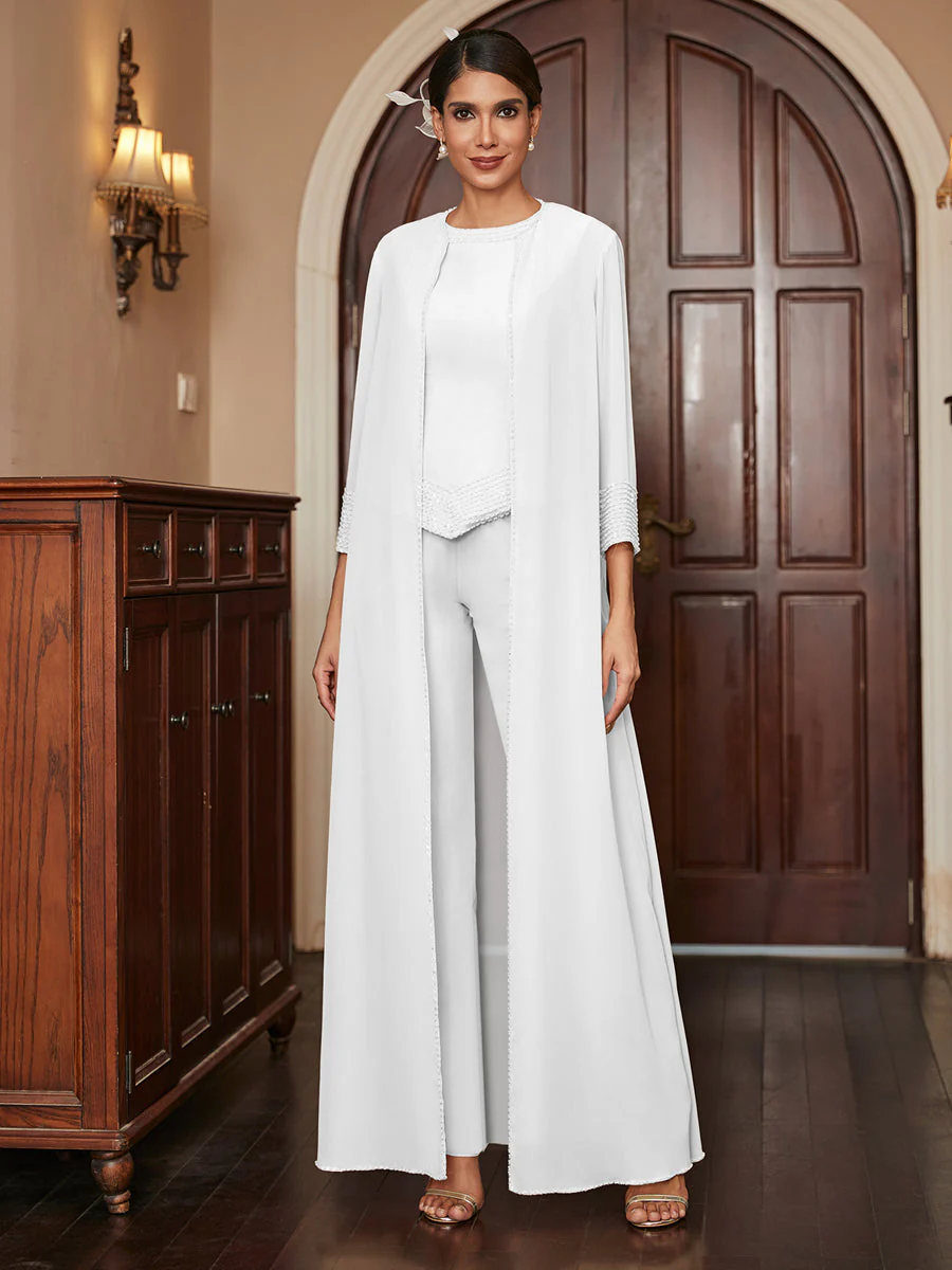 Chiffon Scoop 3/4 Sleeves 3 Pieces Pantsuits with Sequins & Jacket - Image 21