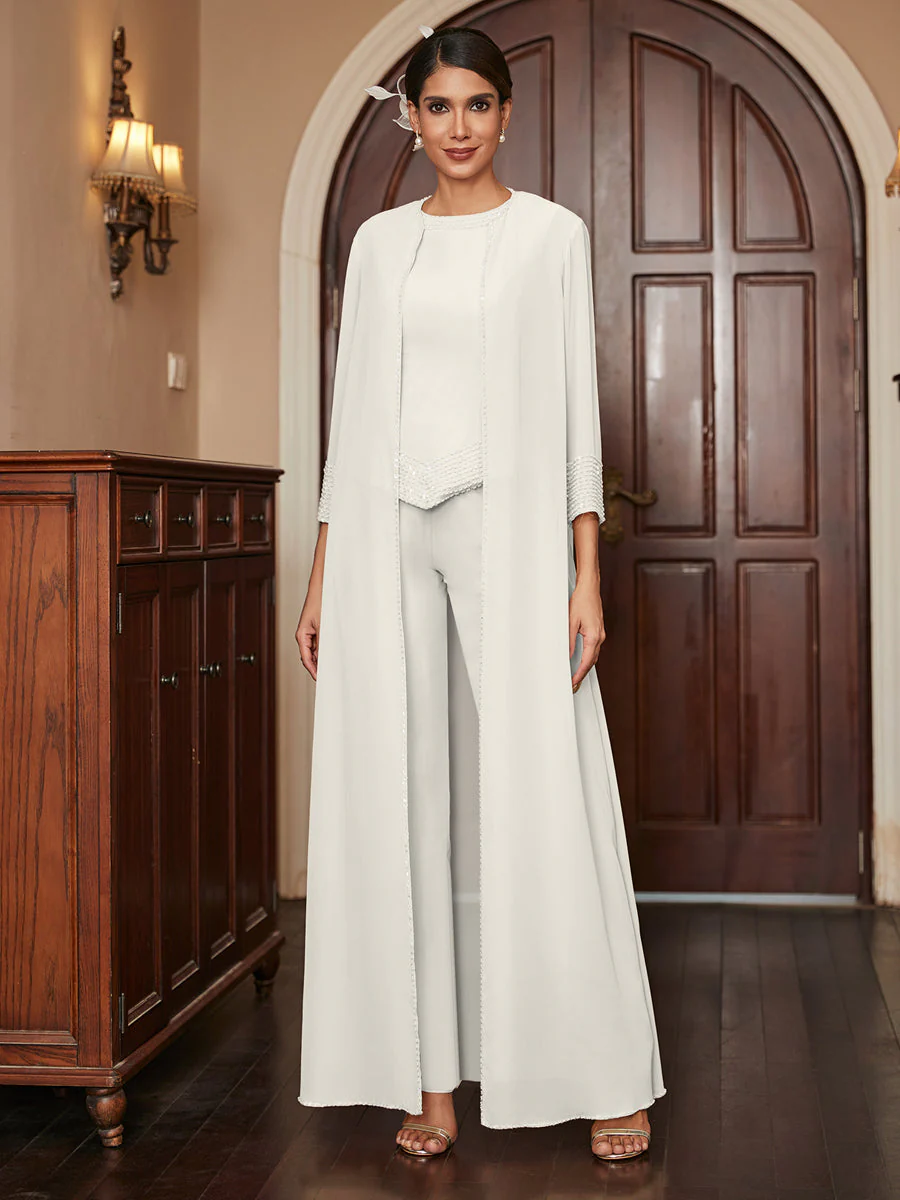 Chiffon Scoop 3/4 Sleeves 3 Pieces Pantsuits with Sequins & Jacket - Image 23