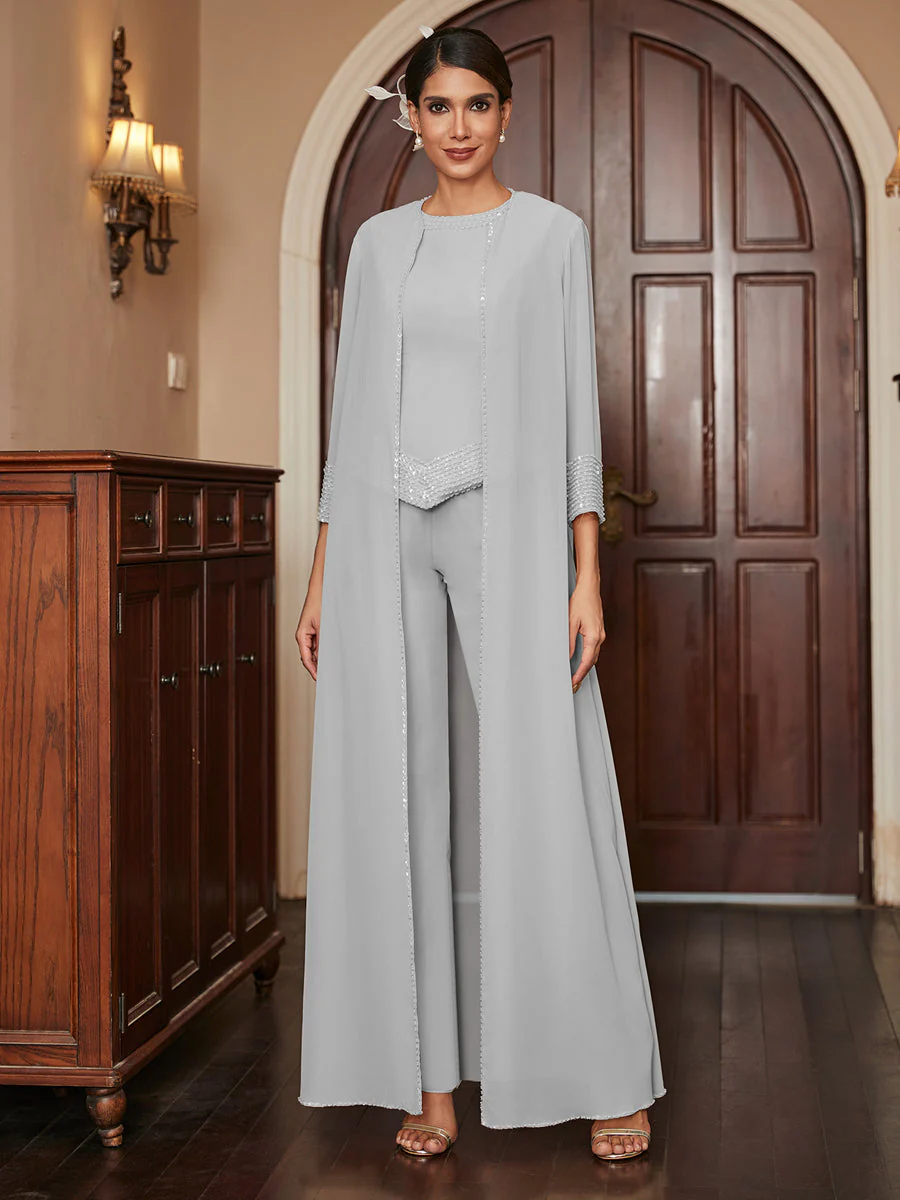 Chiffon Scoop 3/4 Sleeves 3 Pieces Pantsuits with Sequins & Jacket - Image 24
