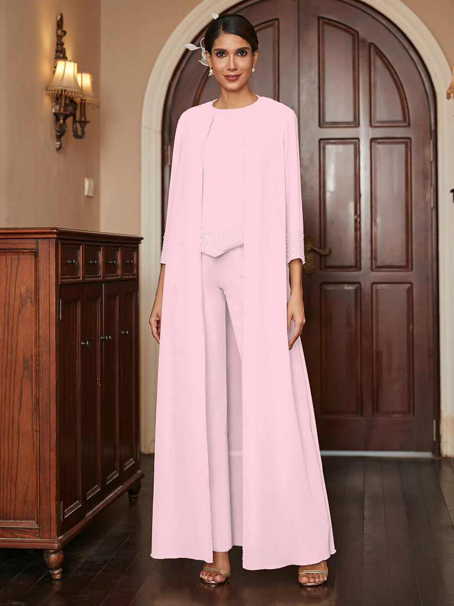 Chiffon Scoop 3/4 Sleeves 3 Pieces Pantsuits with Sequins & Jacket - Image 26