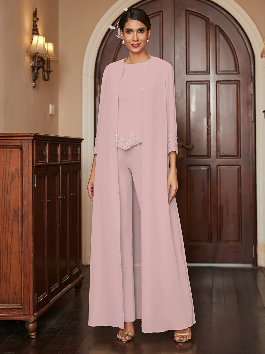 Chiffon Scoop 3/4 Sleeves 3 Pieces Pantsuits with Sequins & Jacket - Image 31