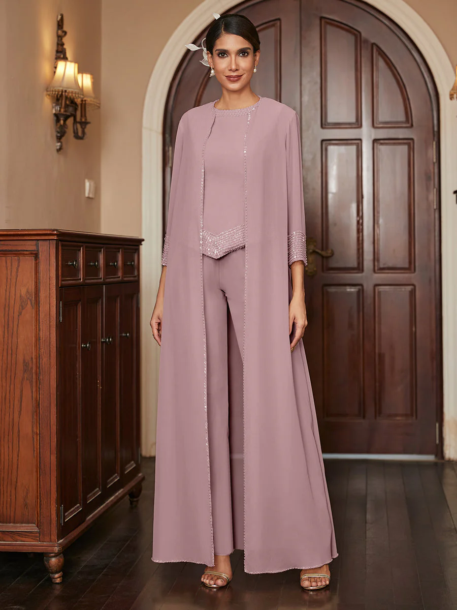 Chiffon Scoop 3/4 Sleeves 3 Pieces Pantsuits with Sequins & Jacket - Image 32