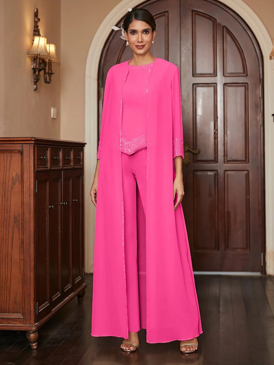 Chiffon Scoop 3/4 Sleeves 3 Pieces Pantsuits with Sequins & Jacket - Image 34