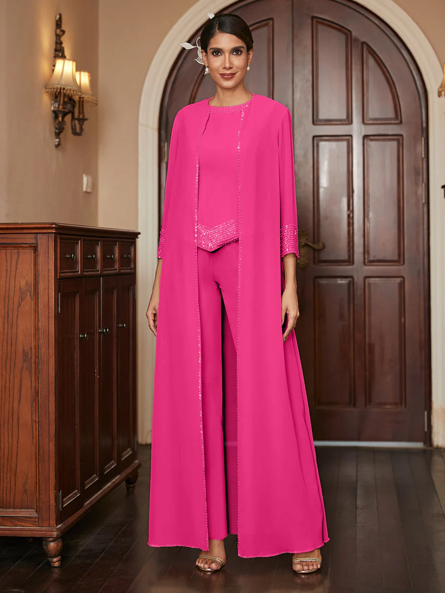 Chiffon Scoop 3/4 Sleeves 3 Pieces Pantsuits with Sequins & Jacket - Image 35