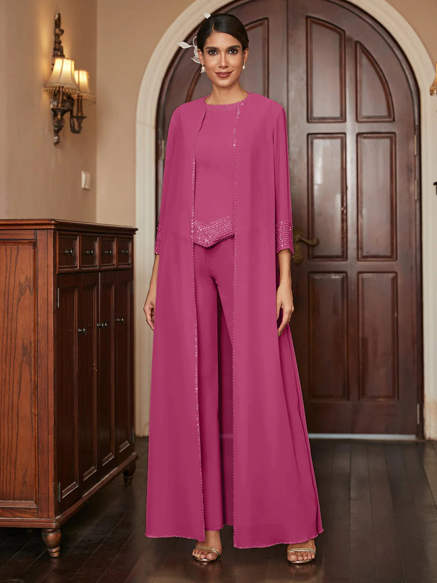 Chiffon Scoop 3/4 Sleeves 3 Pieces Pantsuits with Sequins & Jacket - Image 36