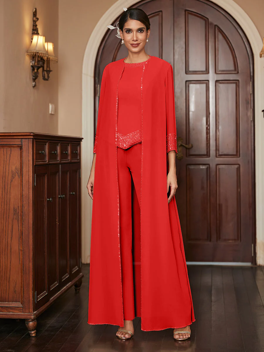 Chiffon Scoop 3/4 Sleeves 3 Pieces Pantsuits with Sequins & Jacket - Image 37