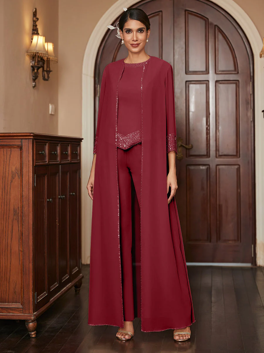Chiffon Scoop 3/4 Sleeves 3 Pieces Pantsuits with Sequins & Jacket - Image 38