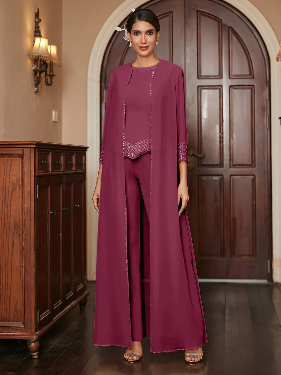 Chiffon Scoop 3/4 Sleeves 3 Pieces Pantsuits with Sequins & Jacket - Image 39