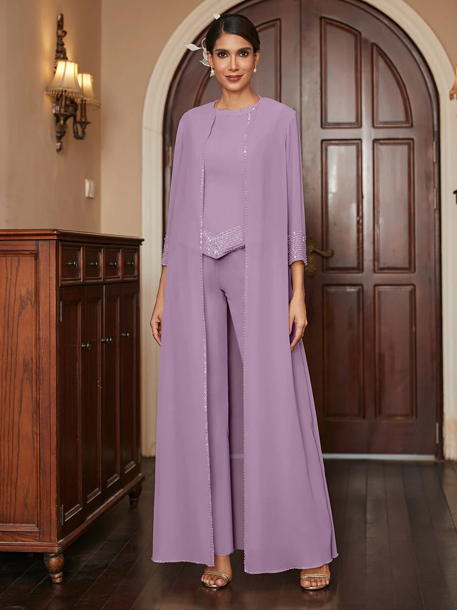 Chiffon Scoop 3/4 Sleeves 3 Pieces Pantsuits with Sequins & Jacket - Image 41