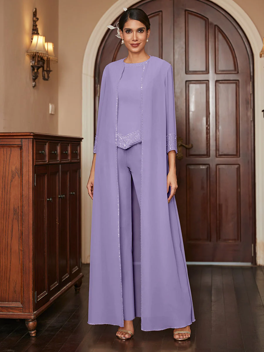Chiffon Scoop 3/4 Sleeves 3 Pieces Pantsuits with Sequins & Jacket - Image 42
