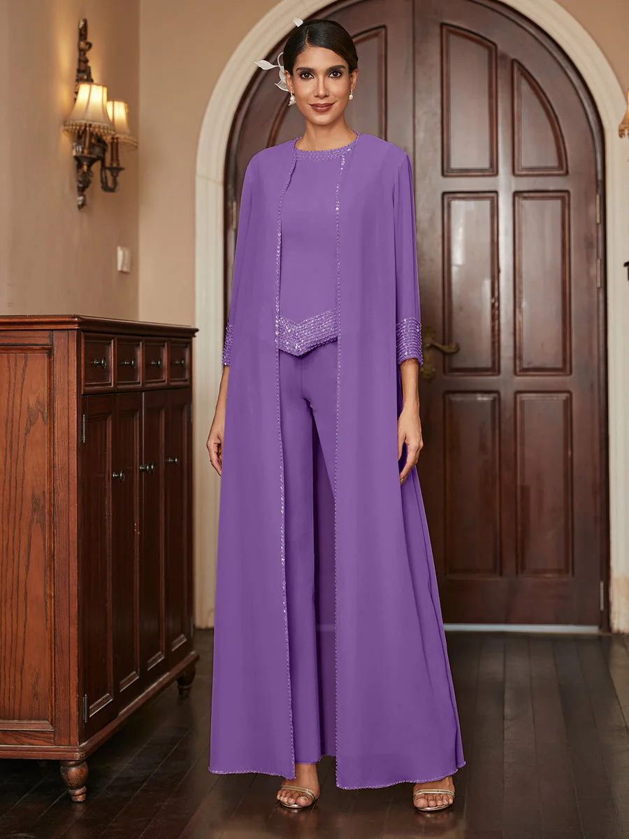 Chiffon Scoop 3/4 Sleeves 3 Pieces Pantsuits with Sequins & Jacket - Image 43